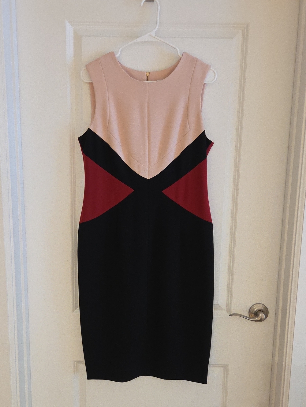 Calvin Klein Sleeveless Colorblock Sheath Dress in Blush, Black & Burgundy